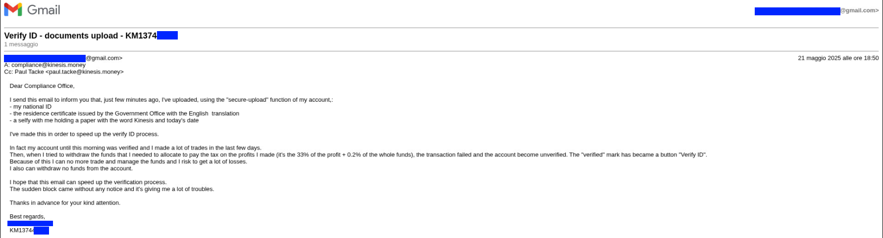 Email from user to Kinesis support