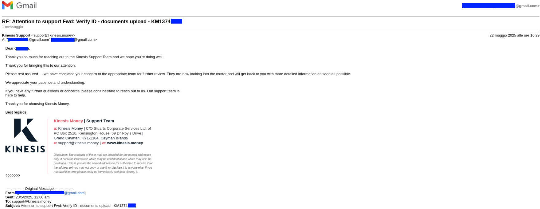 Reply from Kinesis support