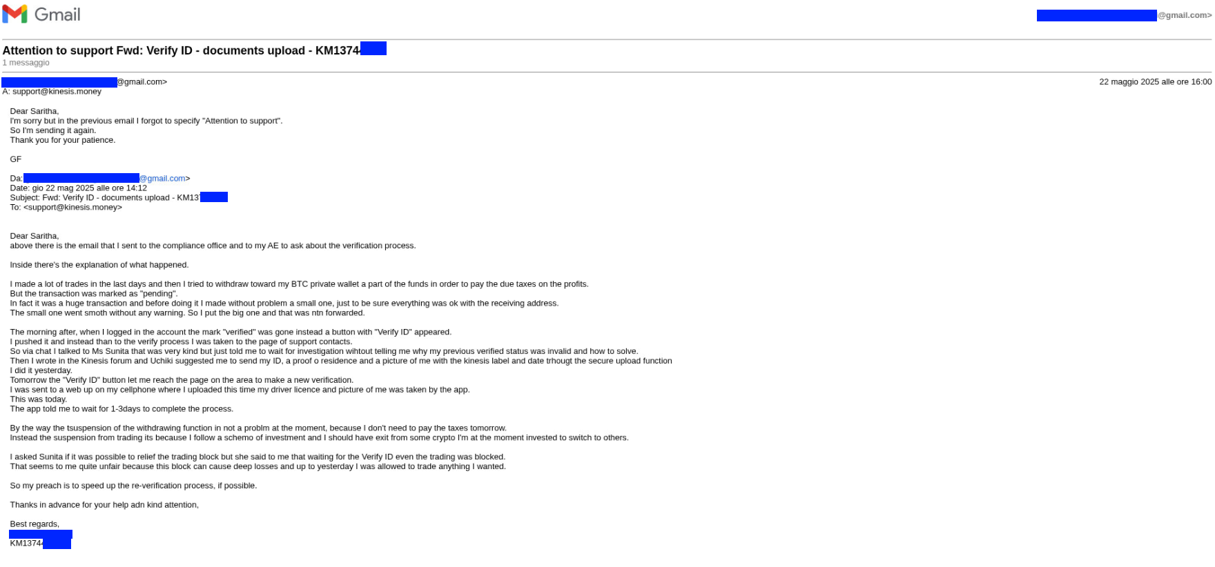 Email from user to Kinesis support