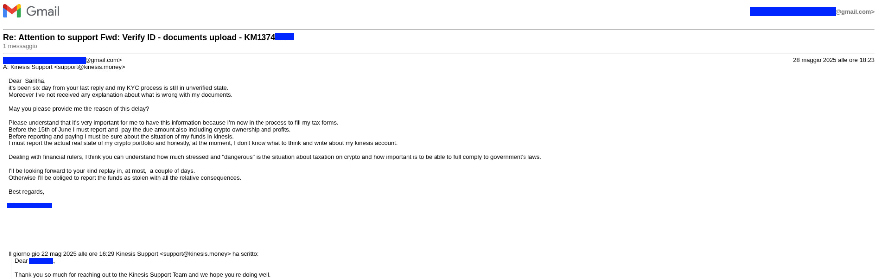 Email from user to Kinesis support