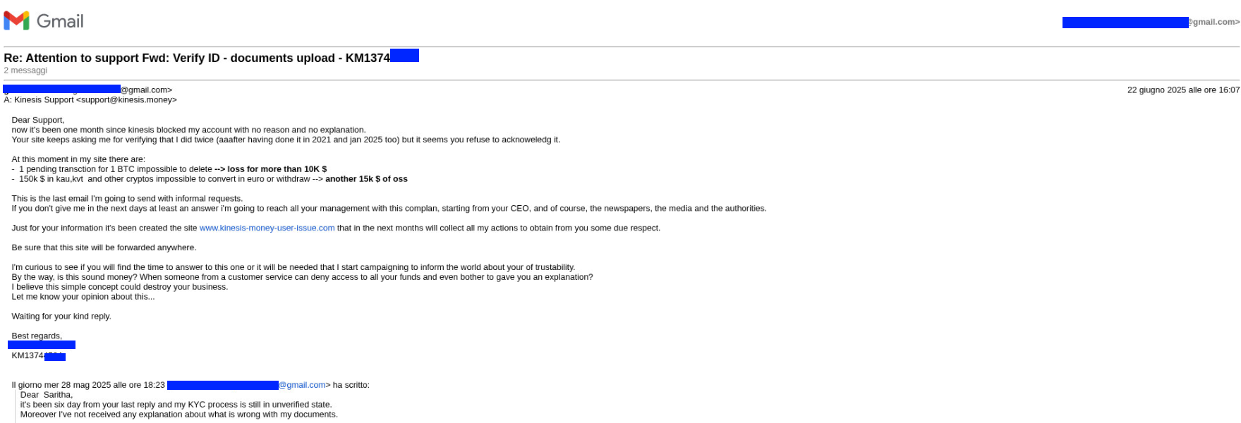 Email from user to Kinesis support
